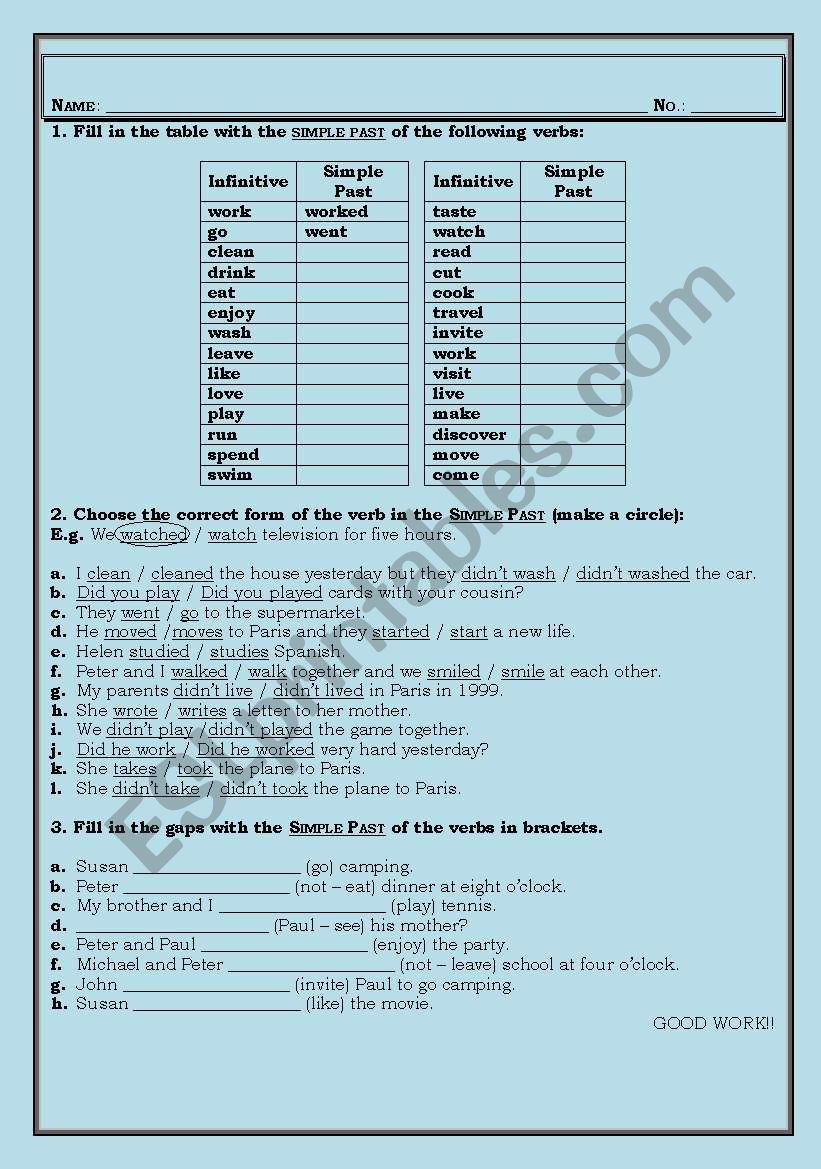 Past Simple - short test worksheet