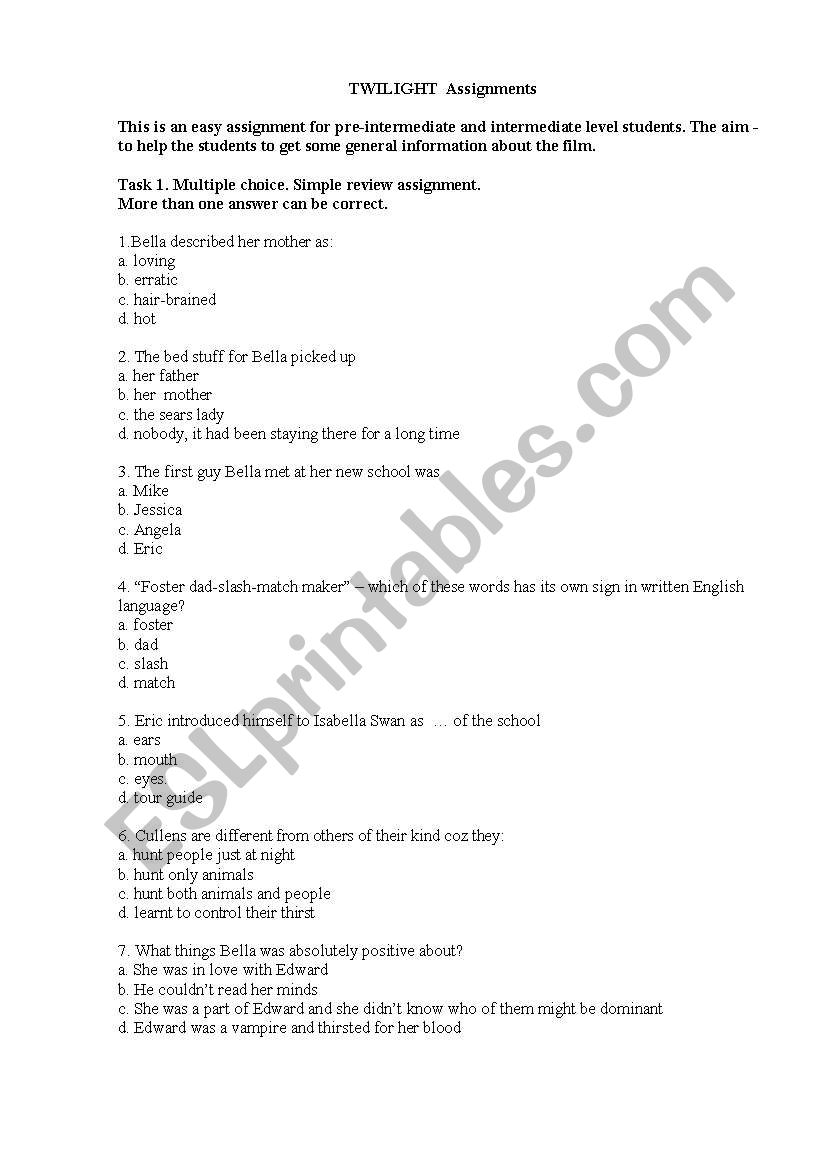 Twilight. Multiple choice assignment for pre-intermediate-intermediate levels.