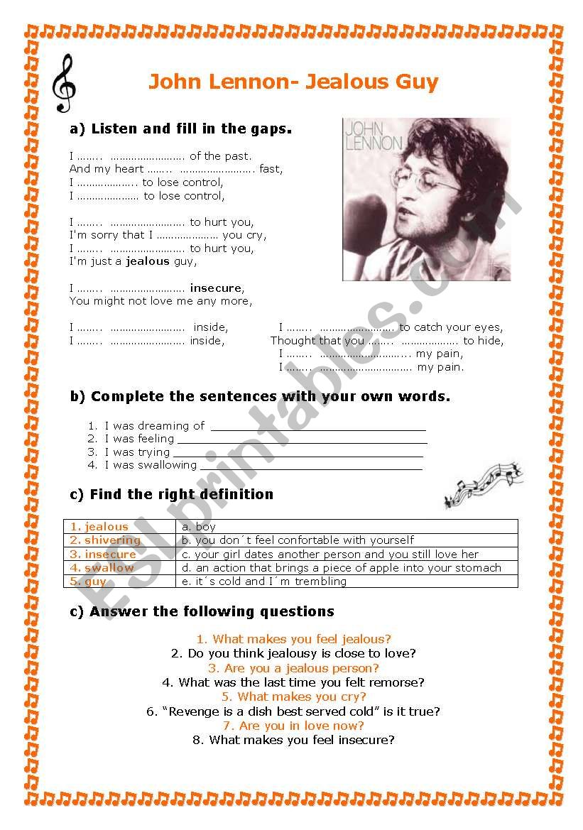 John Lennon jealous guy worksheet