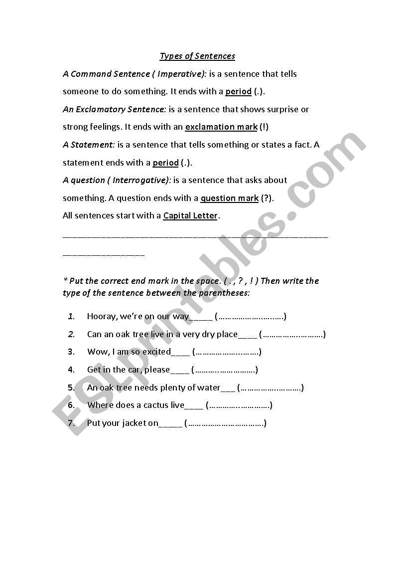 Types of Sentences worksheet