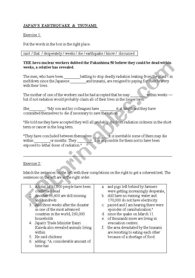 japans earthquake & tsunami. worksheet