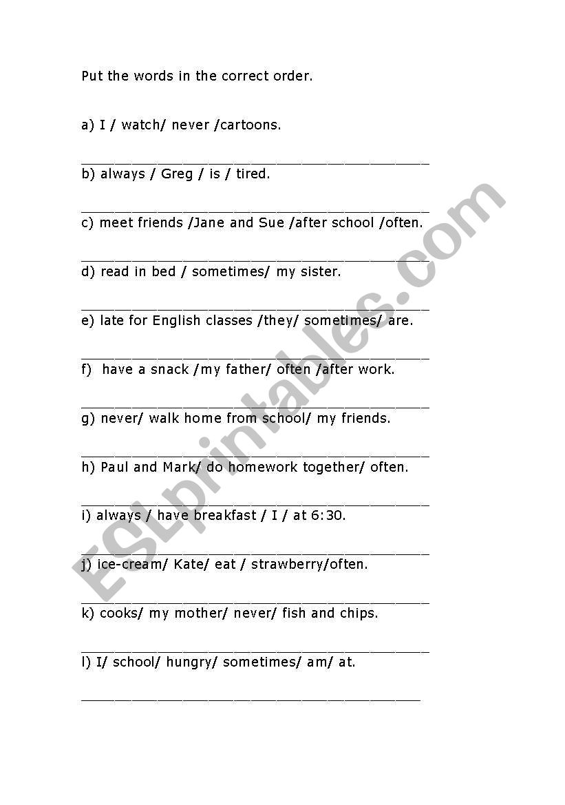 Adverbs of frequency worksheet