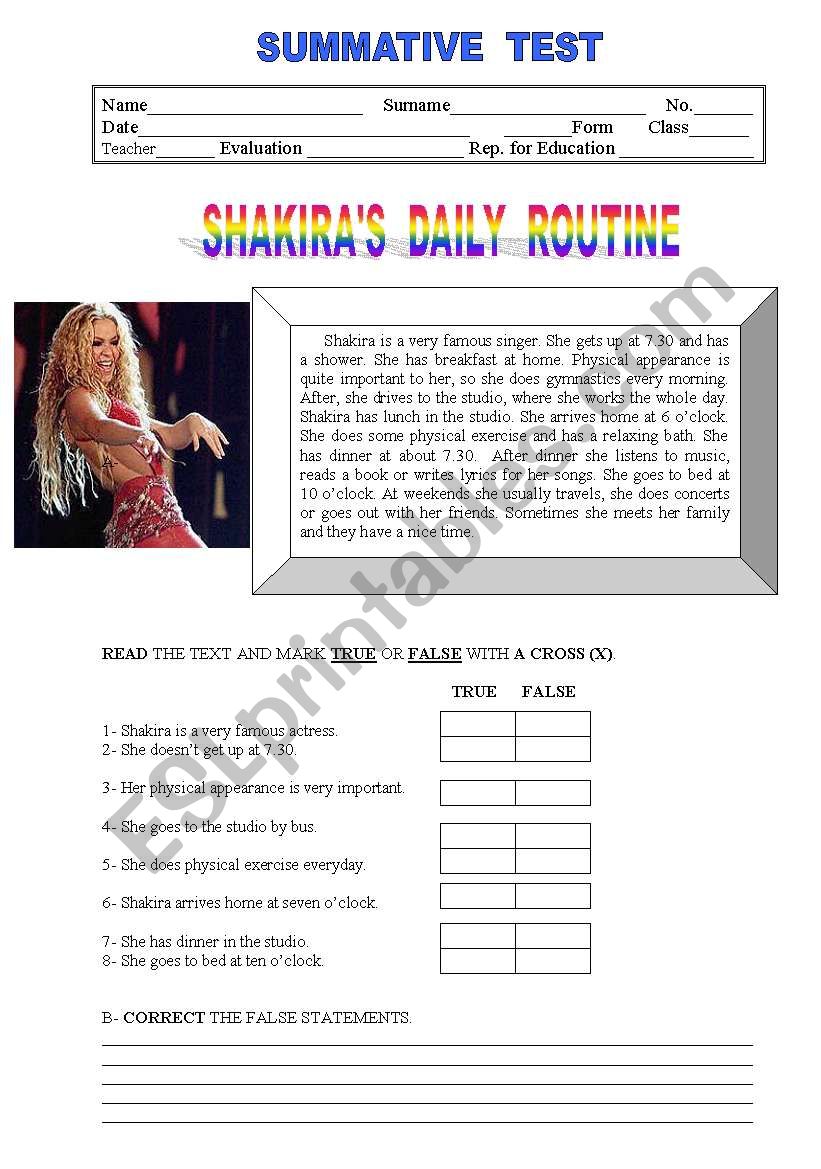 Shakiras daily routine - Test or worksheet