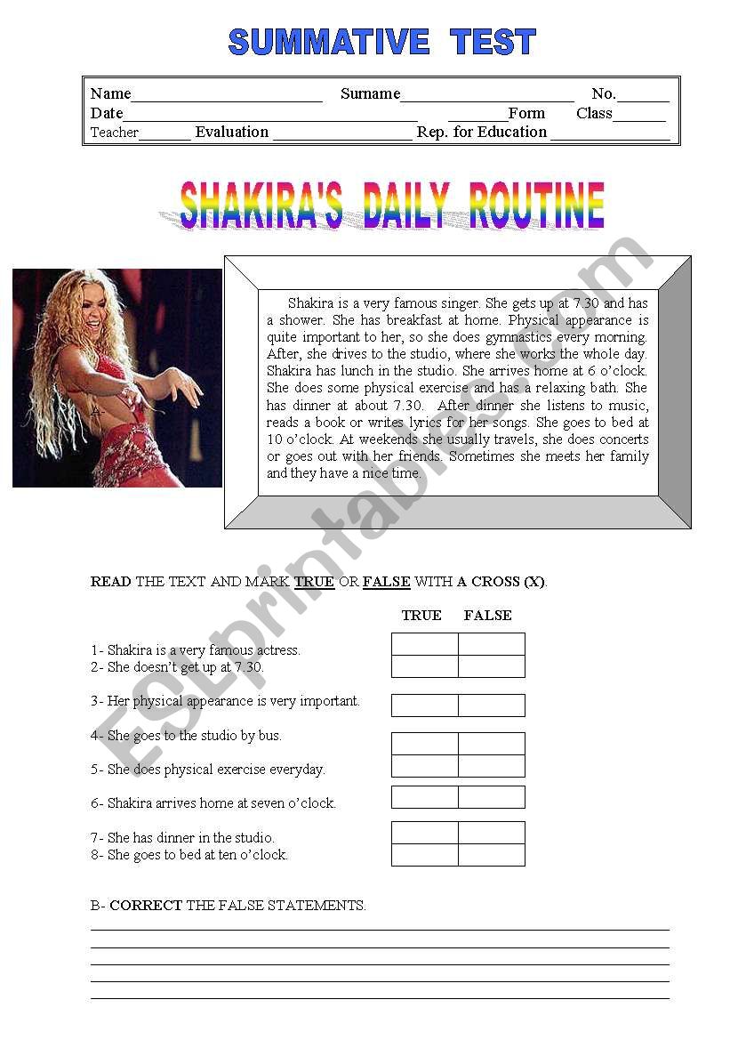ShakiraÂ´s daily routine - Test or worksheet