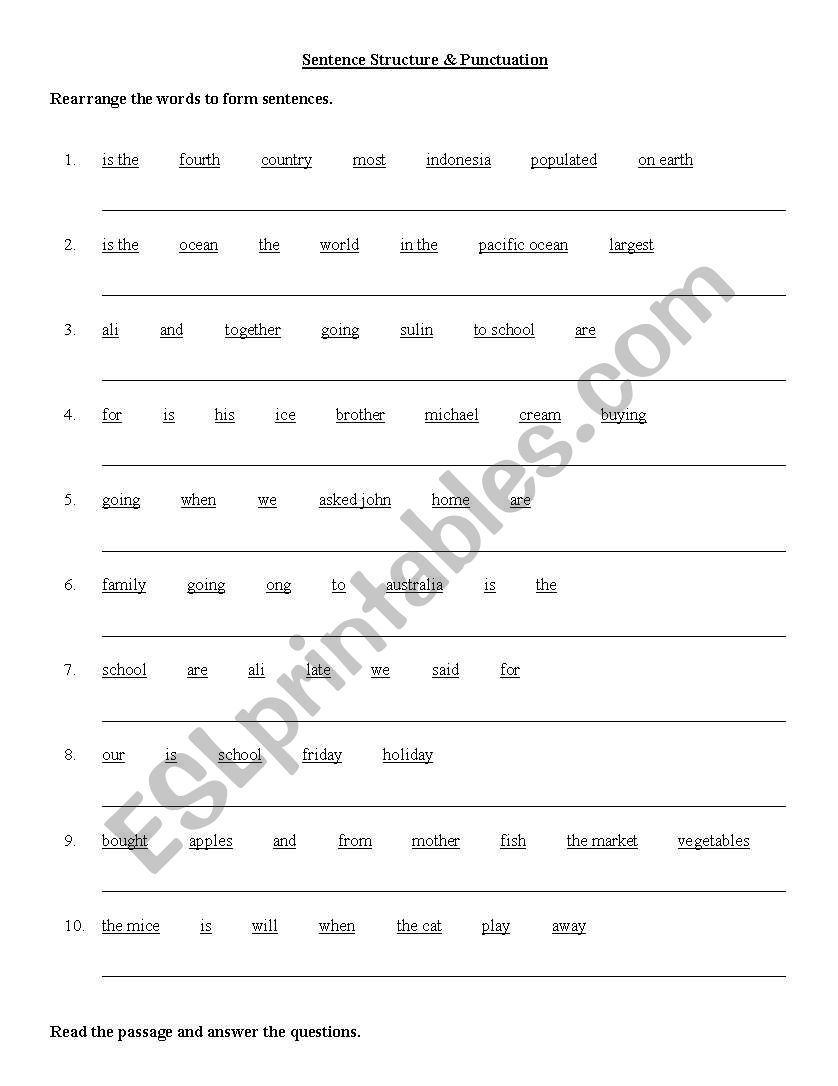 Sentence Structure worksheet