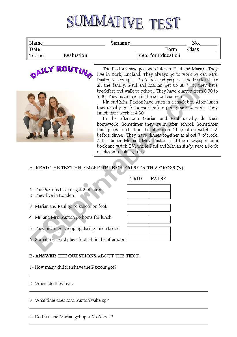 Daily routine worksheet