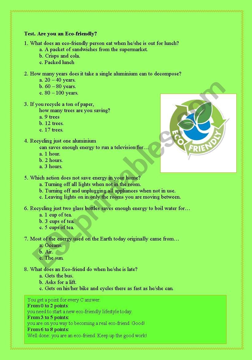 Quiz. Are you eco-friendly? worksheet