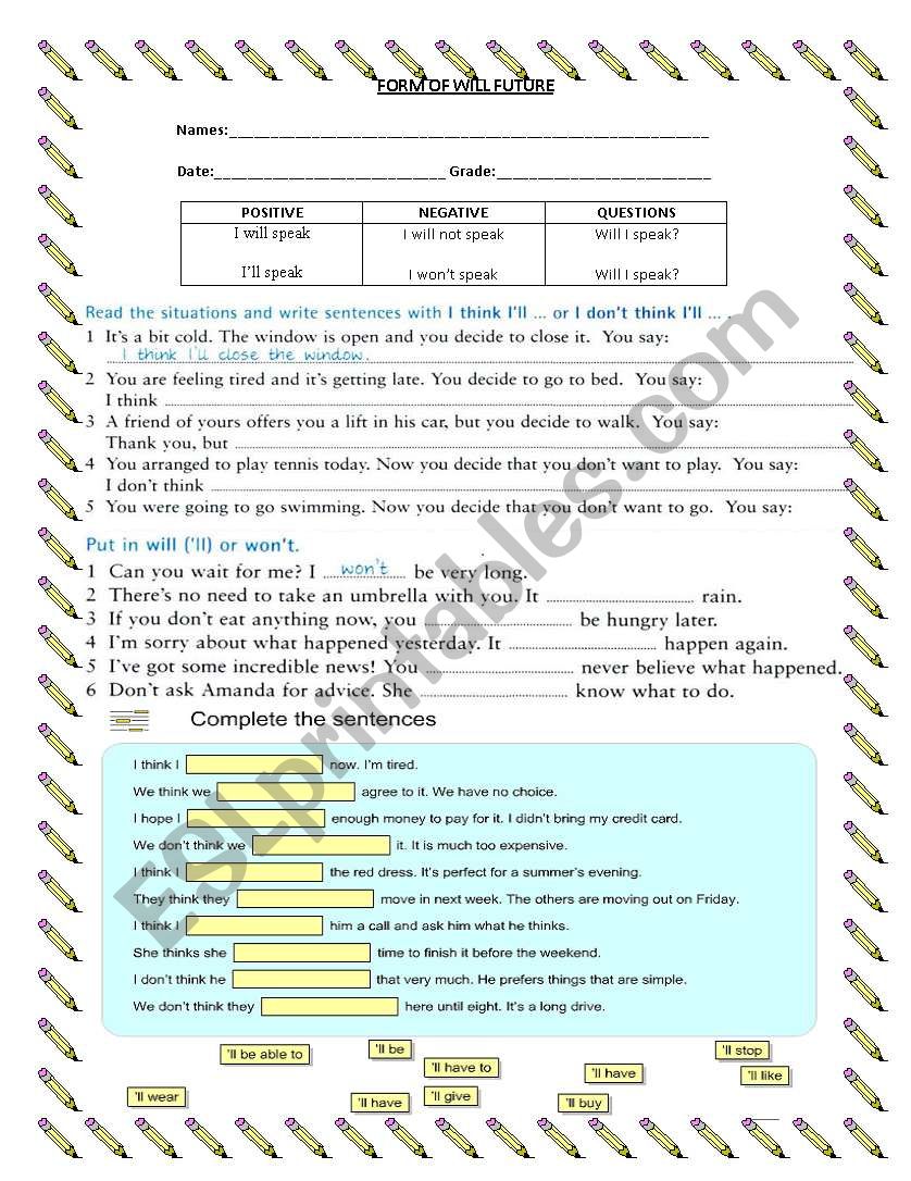 WILL FUTURE worksheet