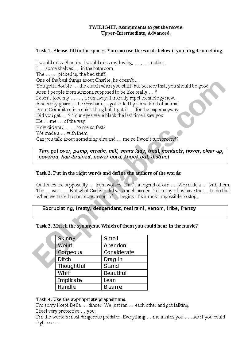 Twilight: expanding vocabulary, using synonyms and prepositions. - ESL  worksheet by dnestrella