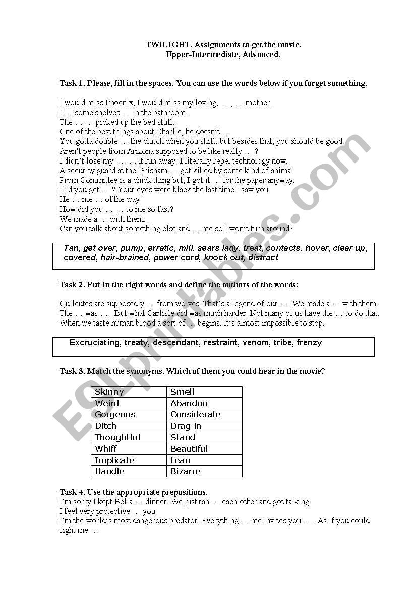 Twilight: expanding vocabulary, using synonyms and prepositions.