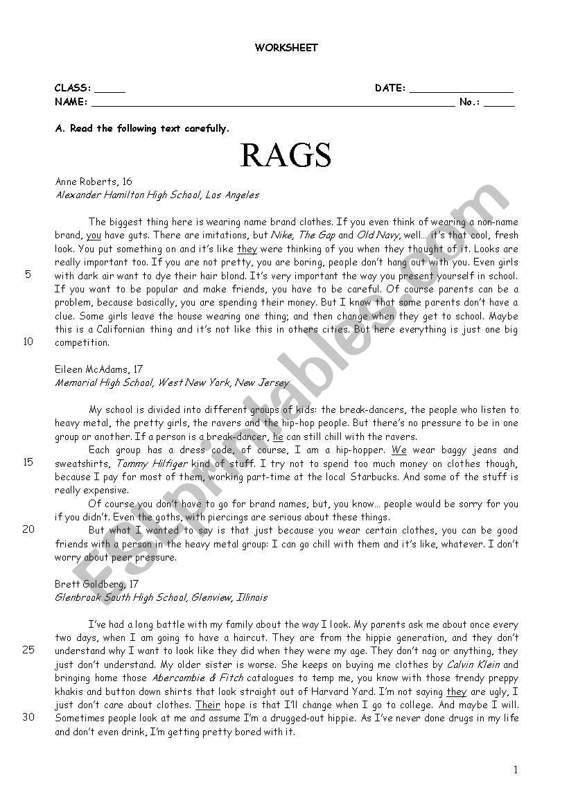 Urban Tribs - Rags worksheet