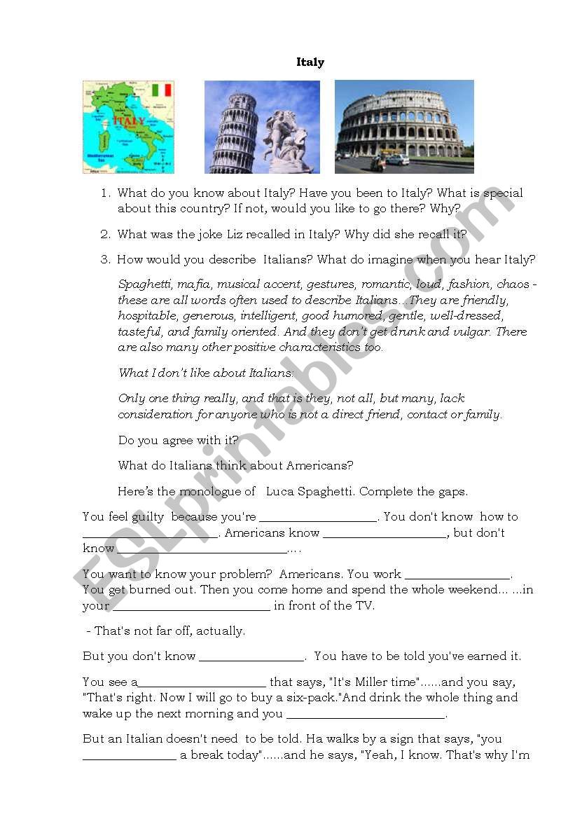 Eat pray love Part 2 Italy worksheet