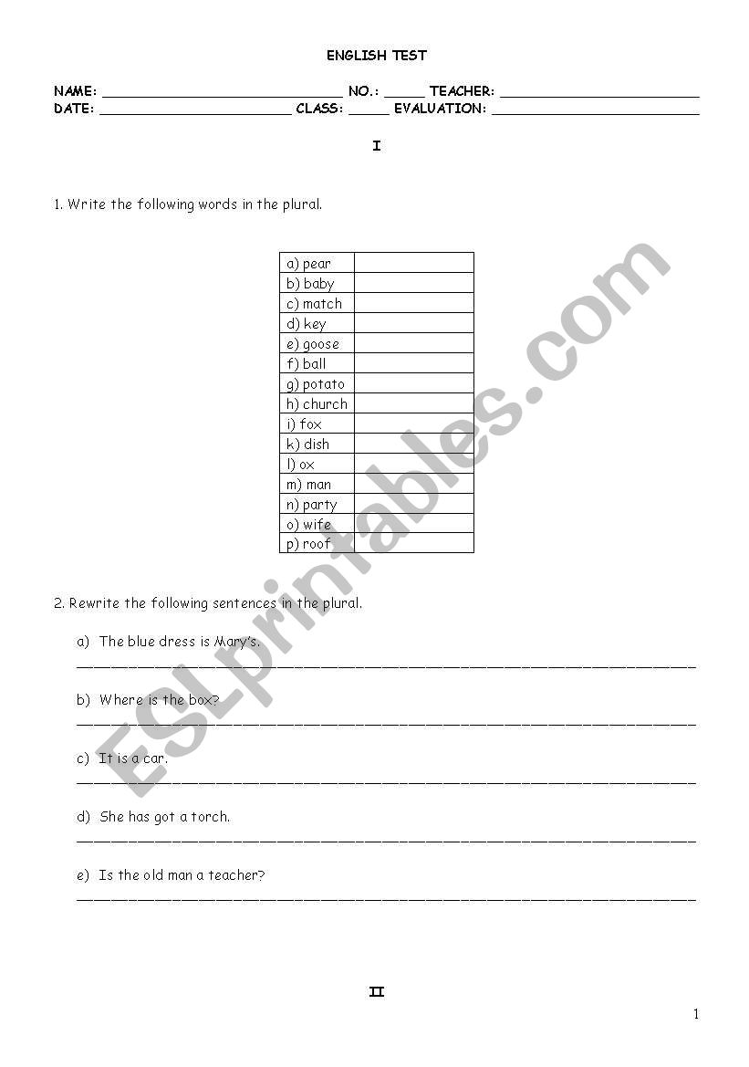 Plurals and Jobs Mini-Test worksheet