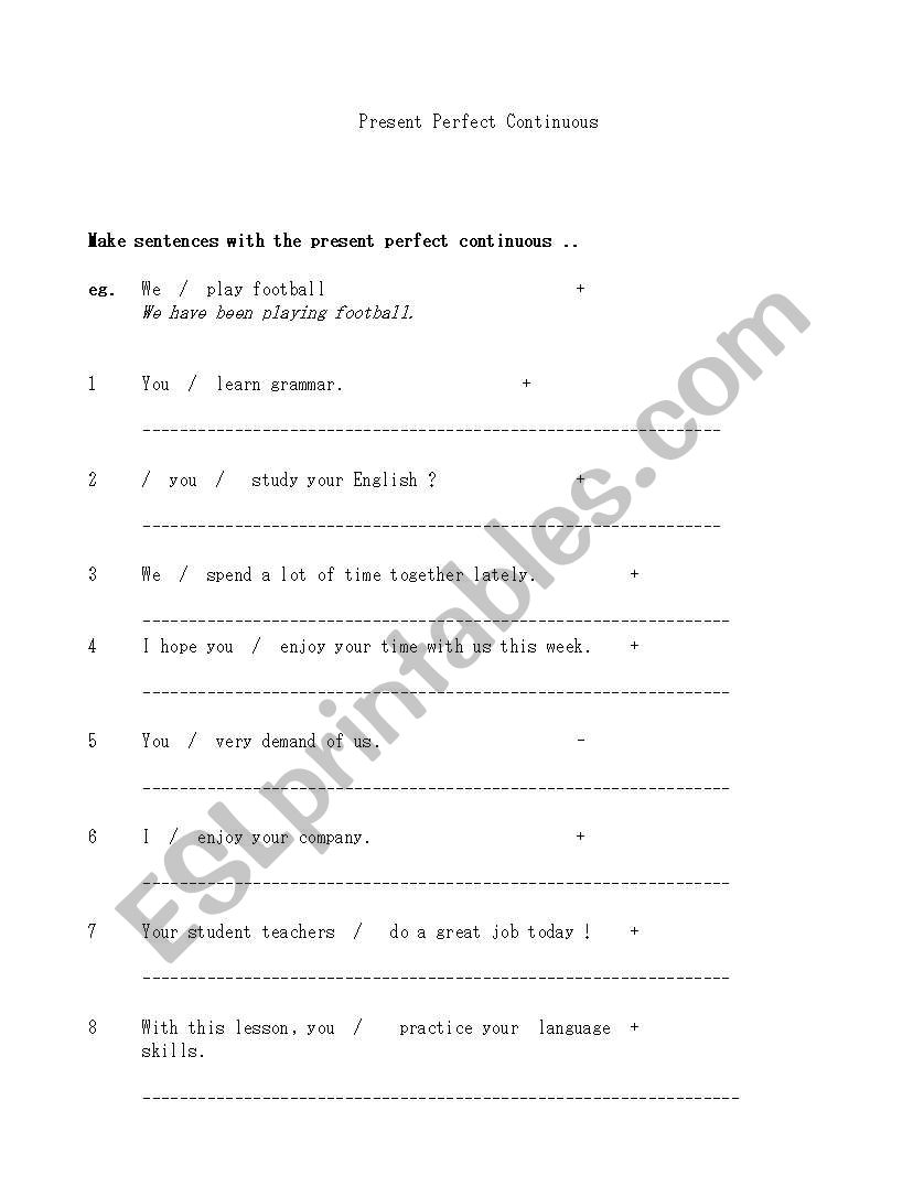 present perfect continous worksheet