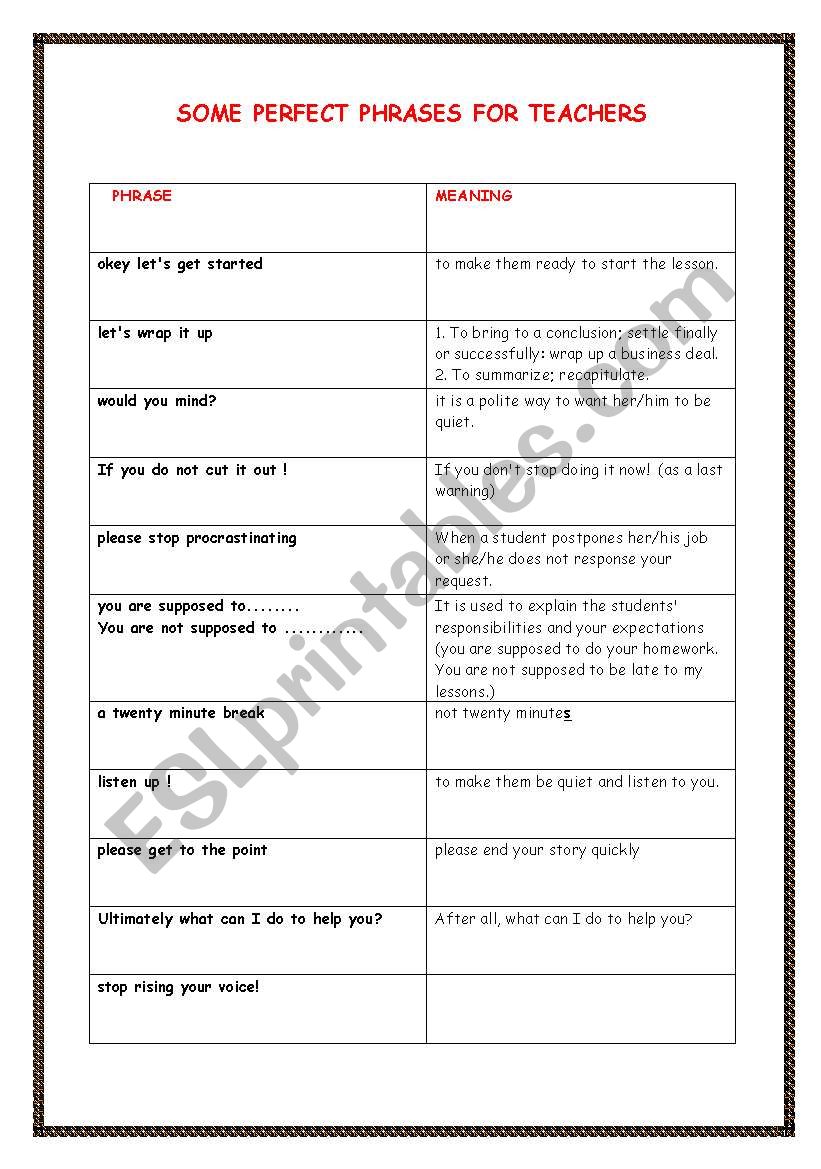 Phrases for TEACHERS worksheet