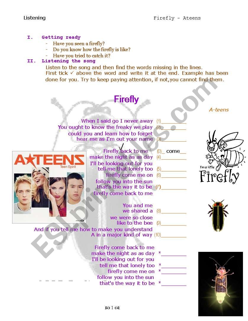 Firefly-Ateens song worksheet