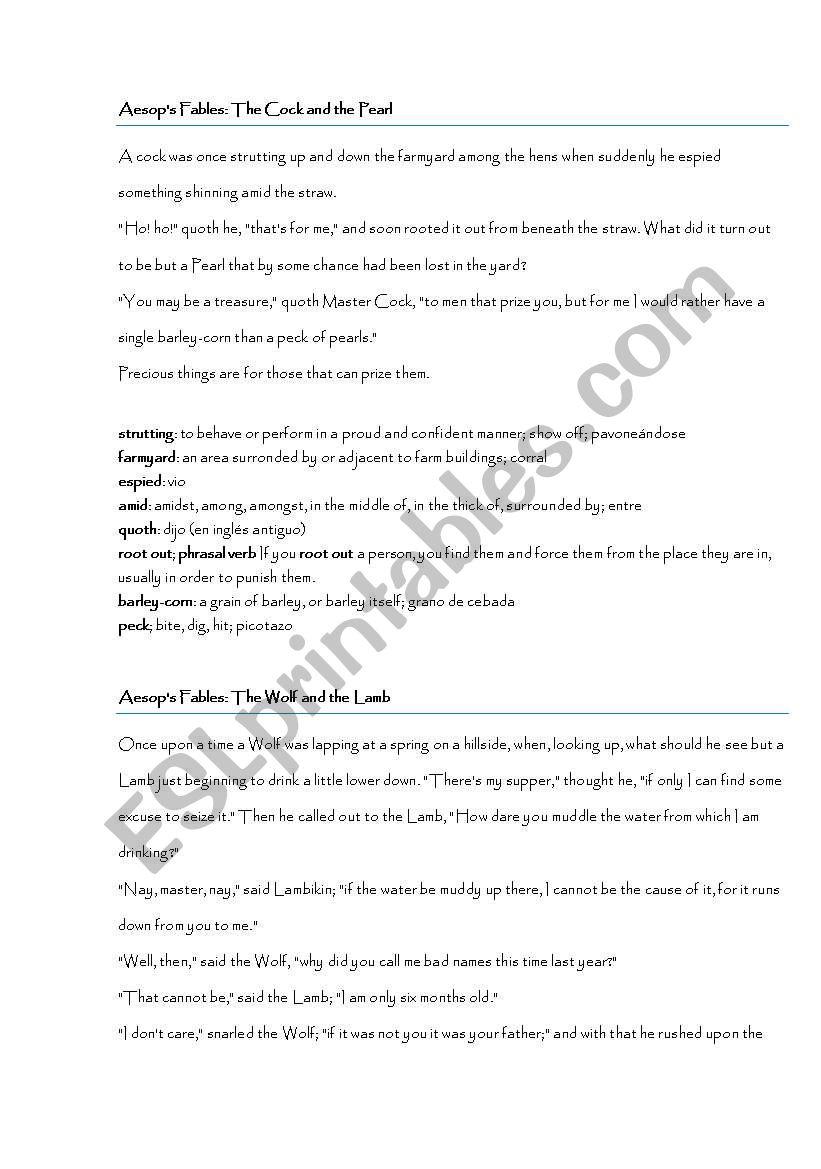 Reading - Aesop Fables worksheet