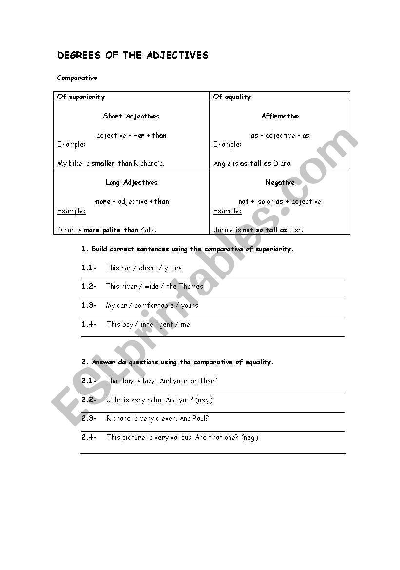 Degrees of Adjectives worksheet