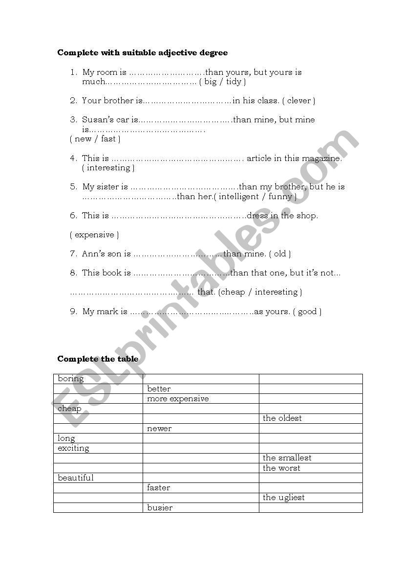 Adjectives degree worksheet