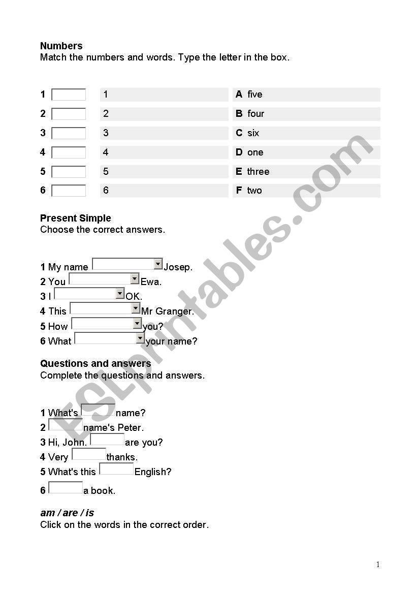 numbers worksheet