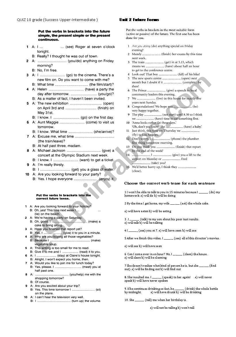 Future tense TEST worksheet