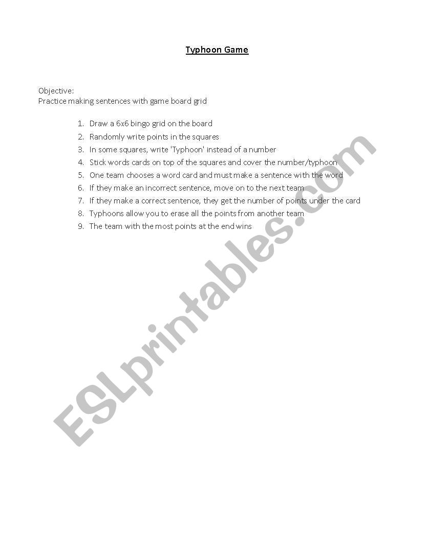 Typhoon Game worksheet