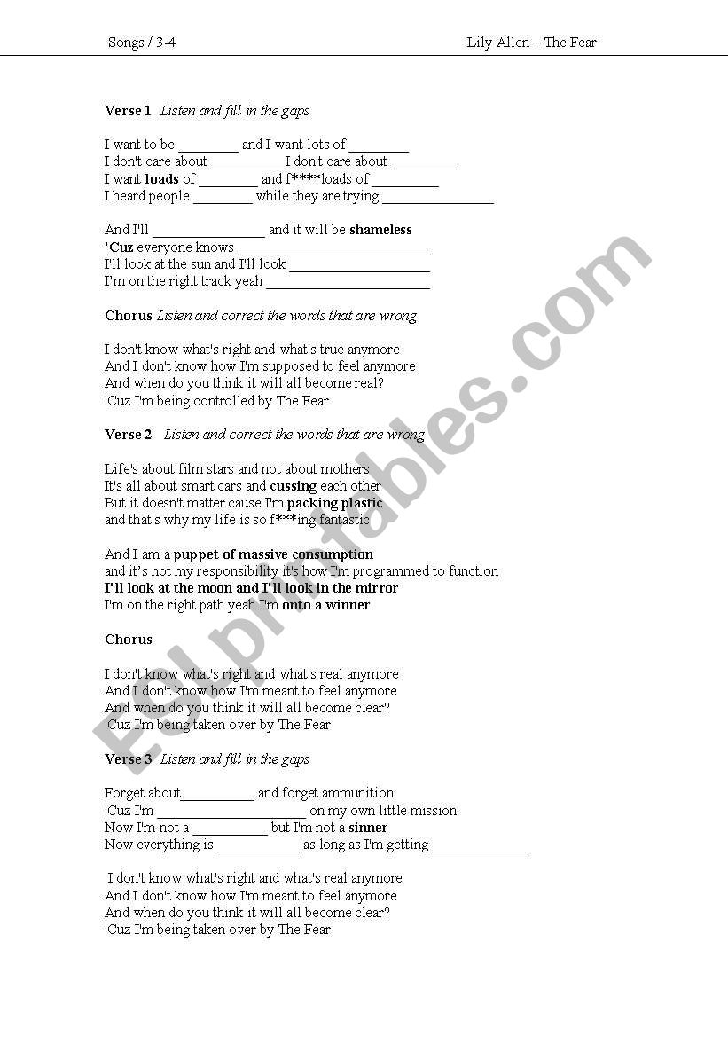 Lily Allen worksheet