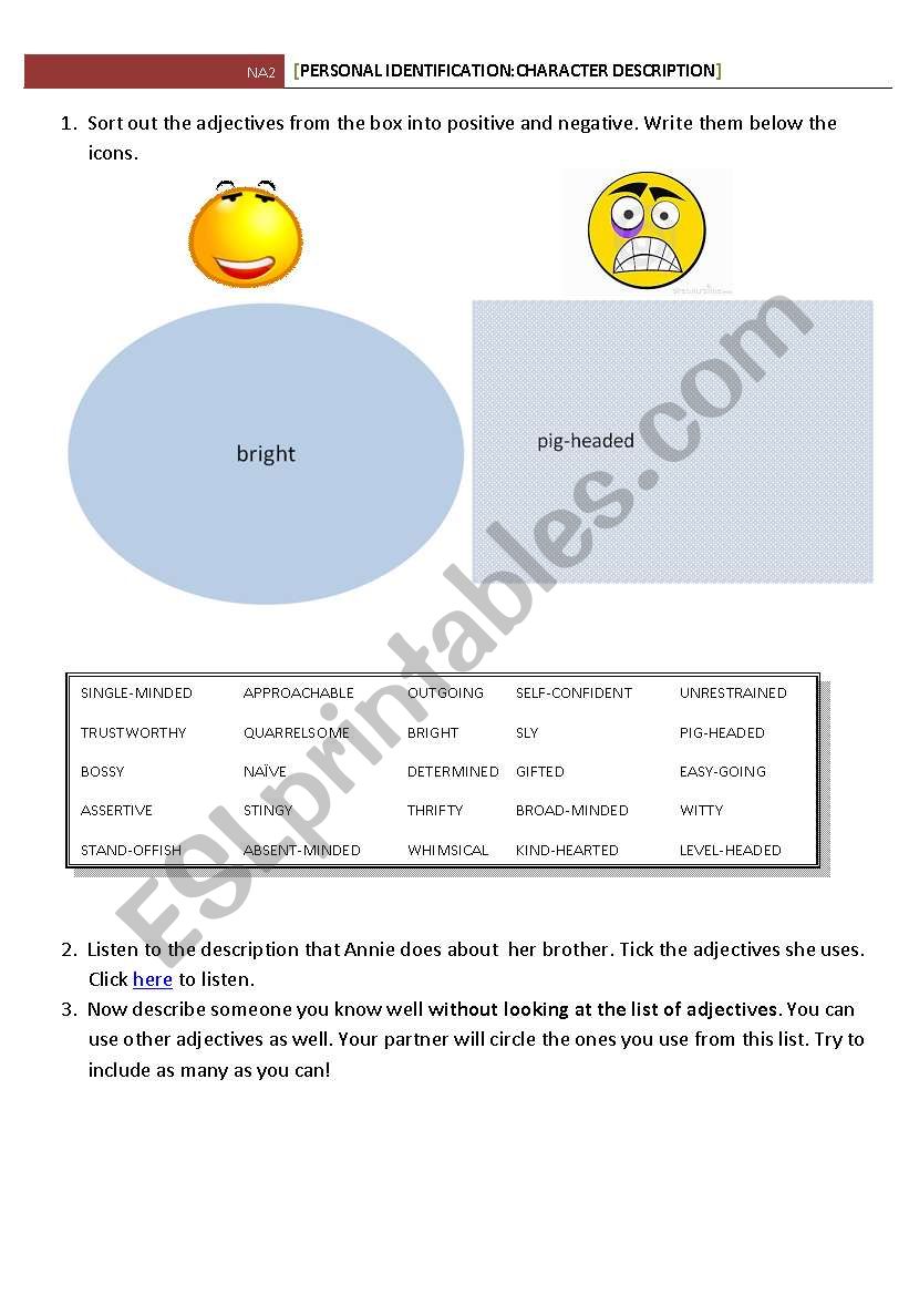 CHARACTER DESCRIPTION worksheet