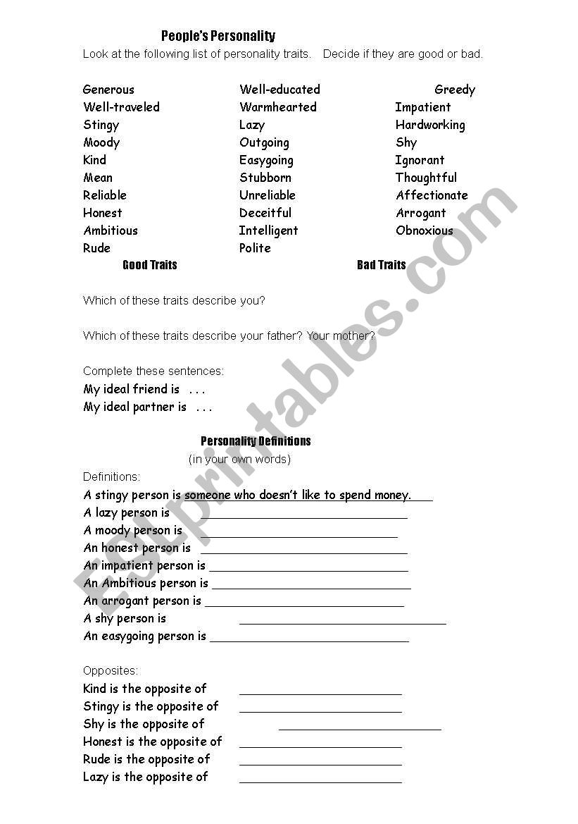 personality worksheet