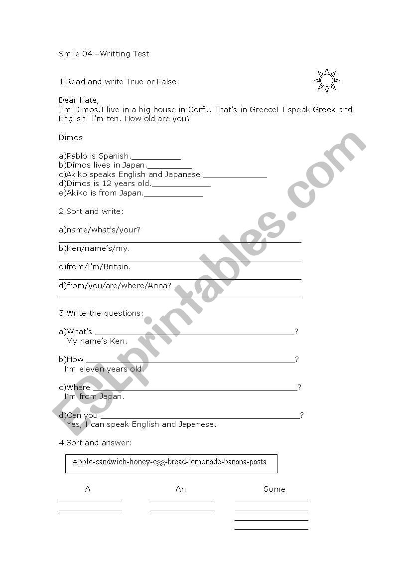 Writting Test worksheet