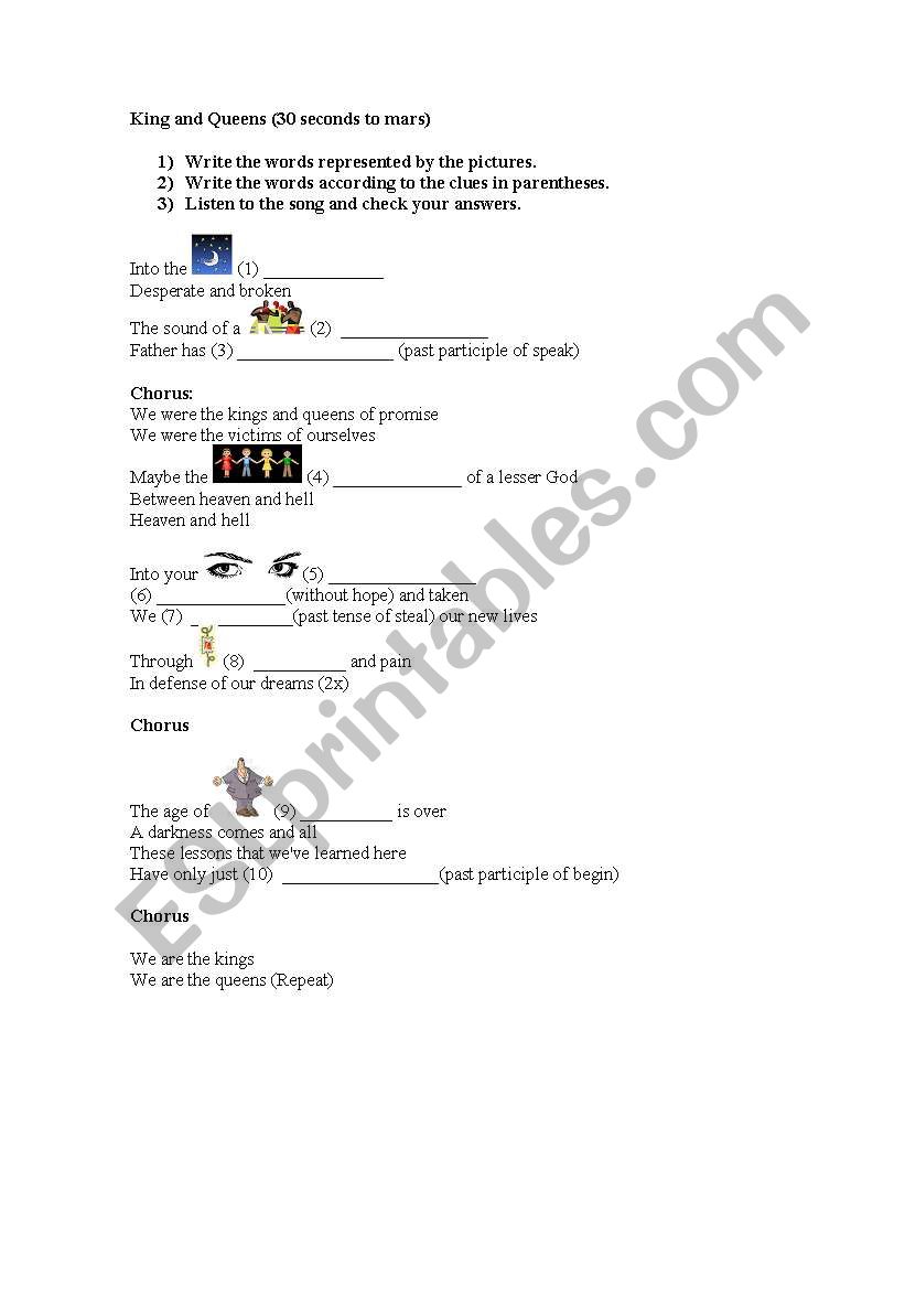 Kings And Queens By 30 Seconds To Mars Esl Worksheet By Re Cris