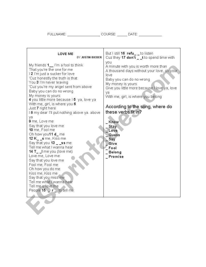 Love Me song by Justin Bieber worksheet