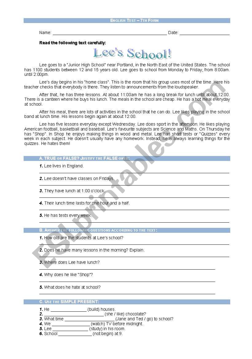 Lees school worksheet