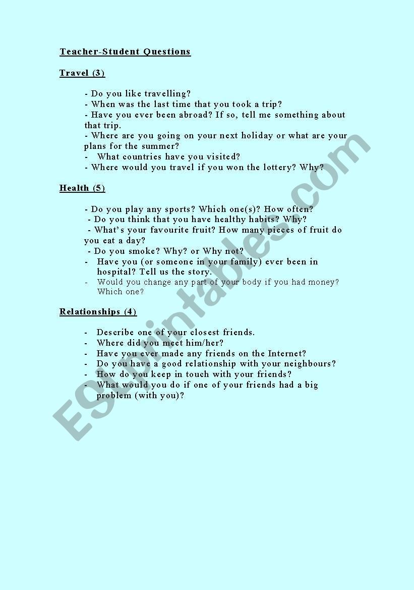 Oral exam topic questions  worksheet
