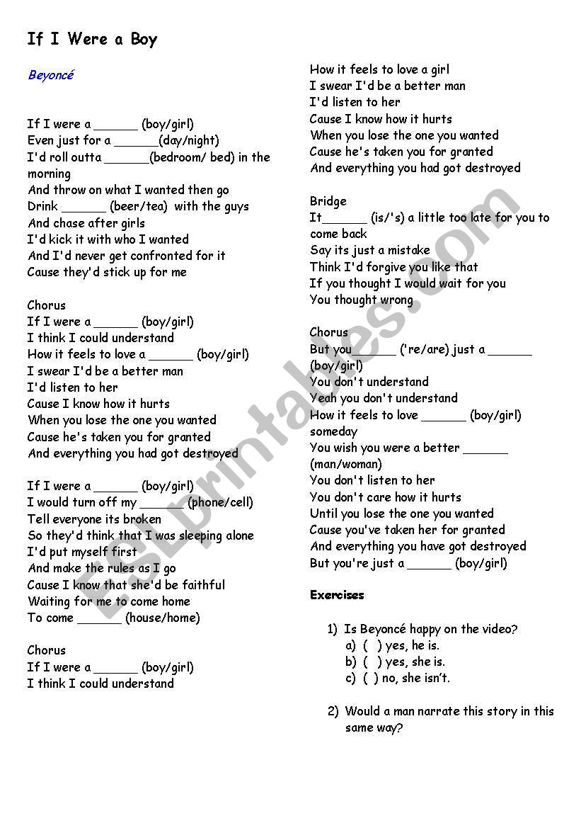 If I were a boy-Music worksheet