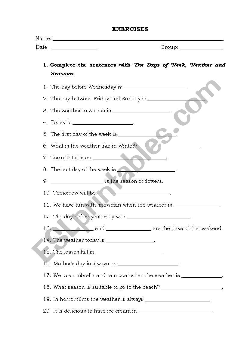 Exercises about Days of the week, Weather and Seasons