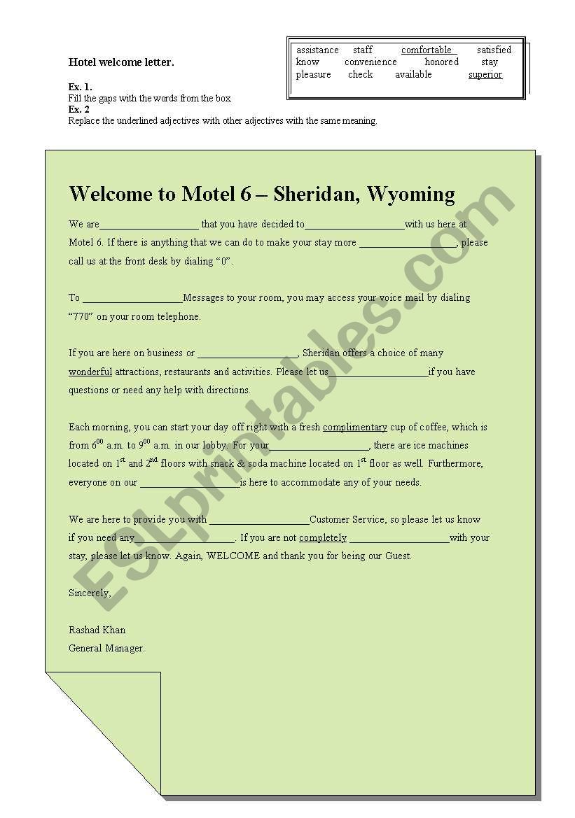 Hotel Welcome letter worksheet