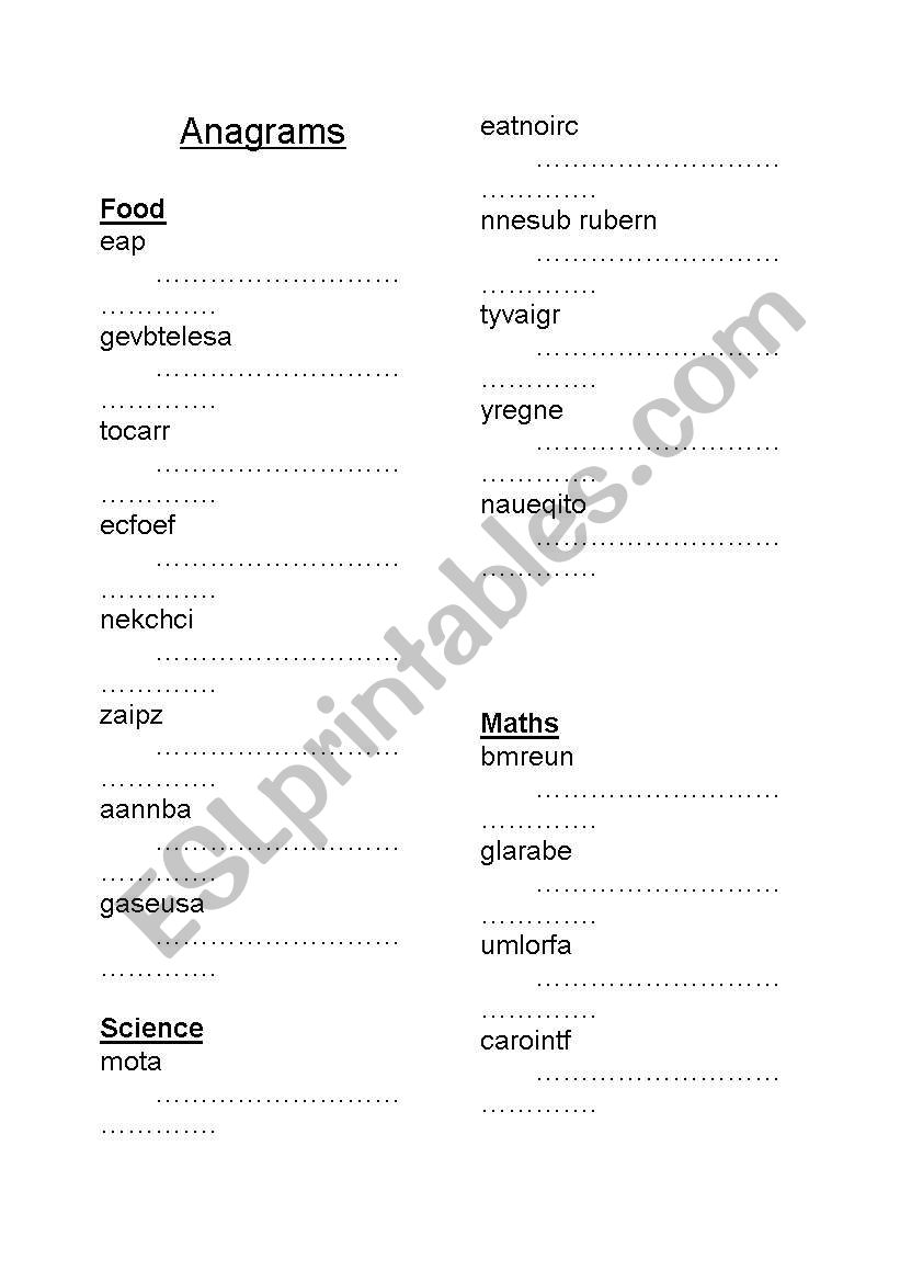 Food Anagrams worksheet