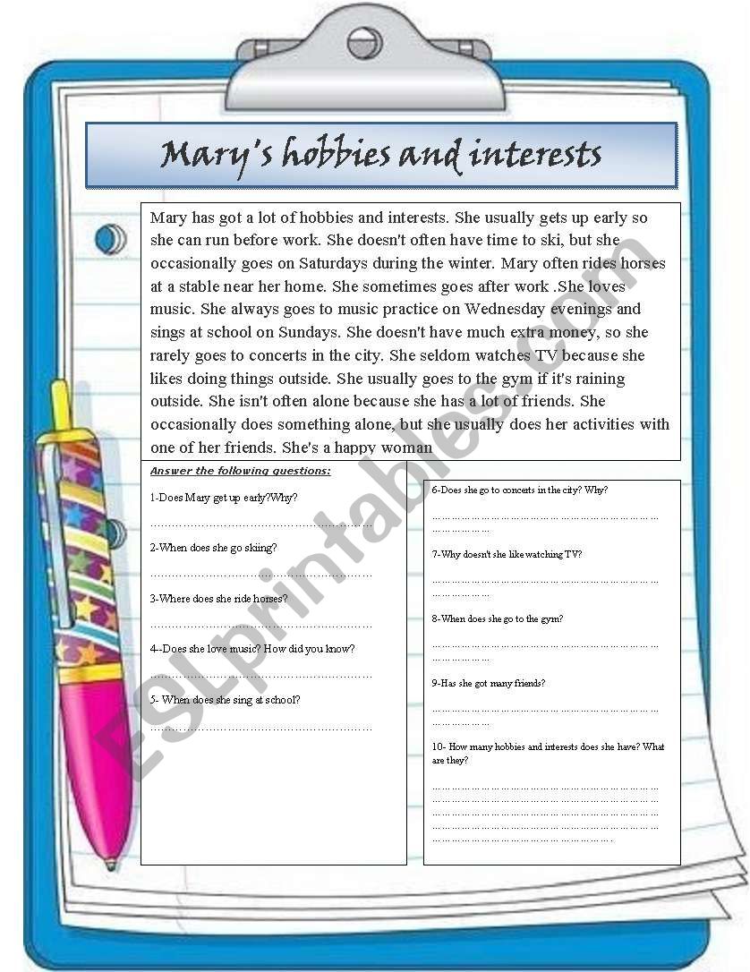 maryÂ´s hobbies and interests worksheet