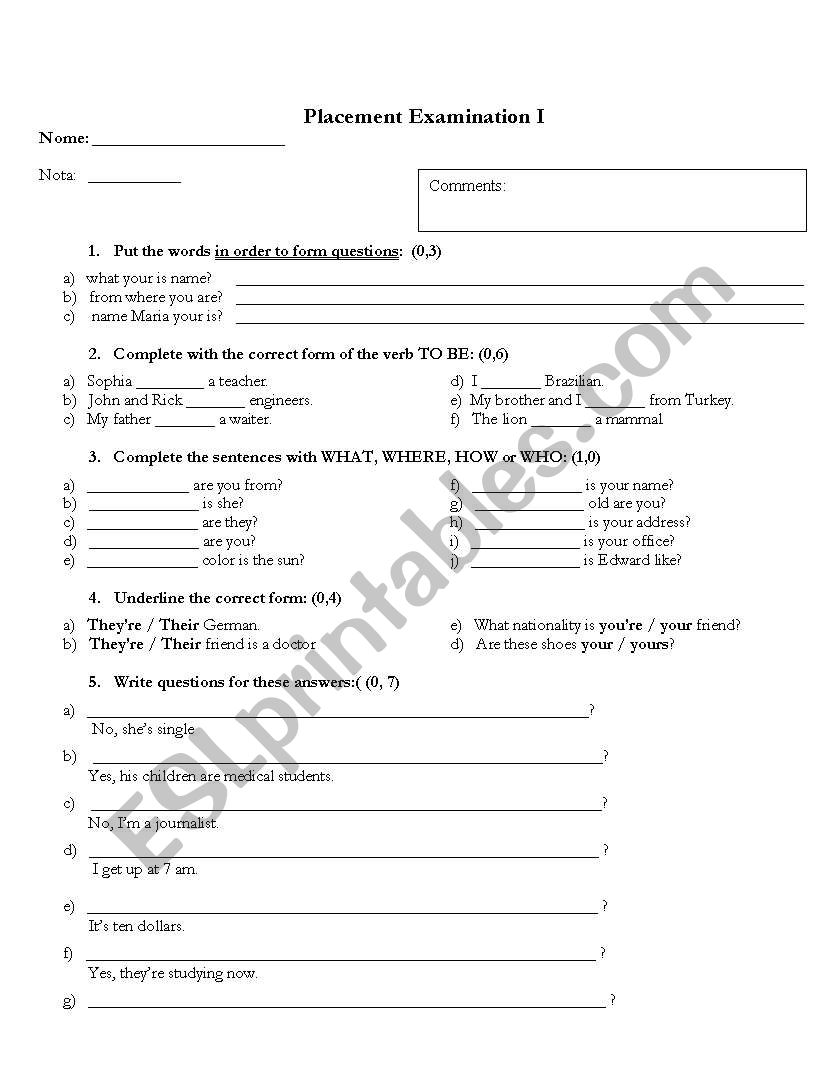 Placement 1 worksheet
