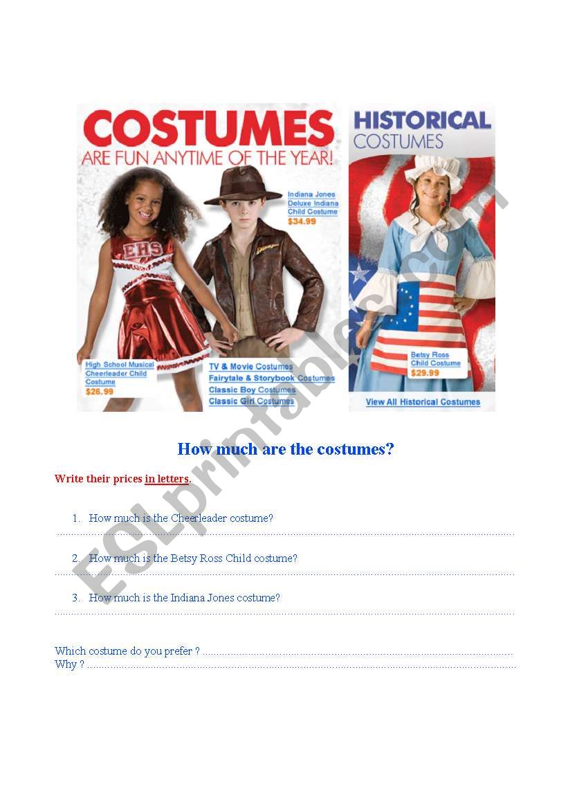 How much are the costumes? worksheet