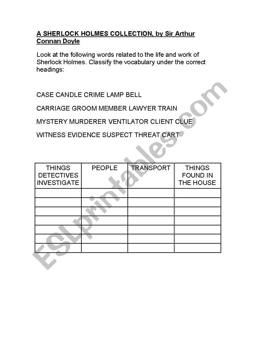 sherlock holmes vocabulary worksheet