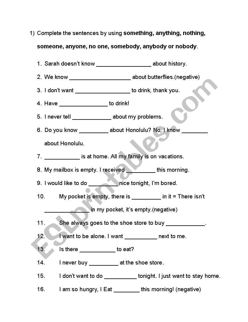 Some, any and no. worksheet
