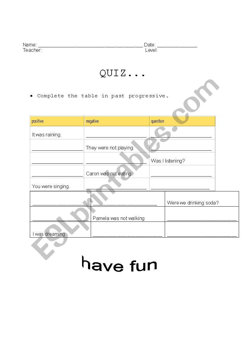 Past progressive quiz worksheet