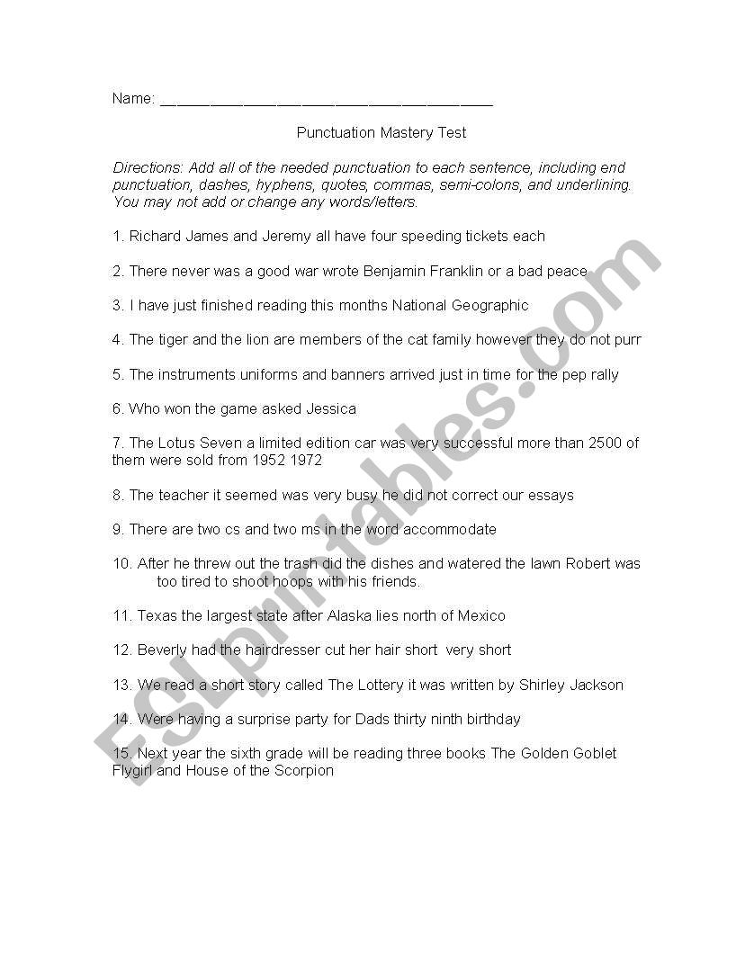 Punctuation Mastery Test worksheet