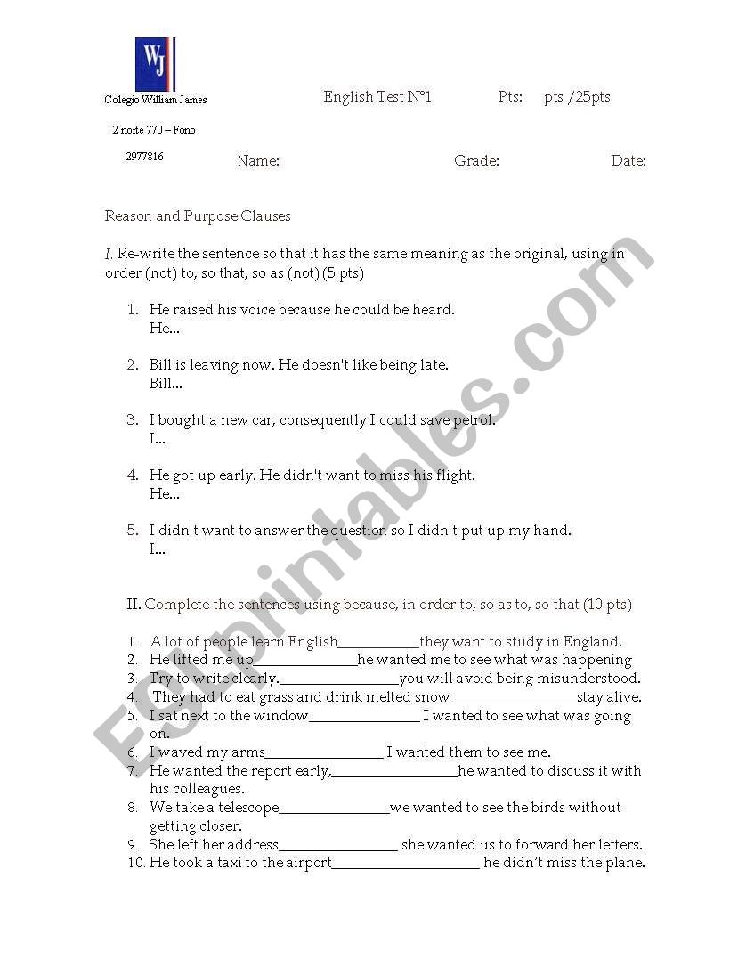 Purpose Clauses worksheet