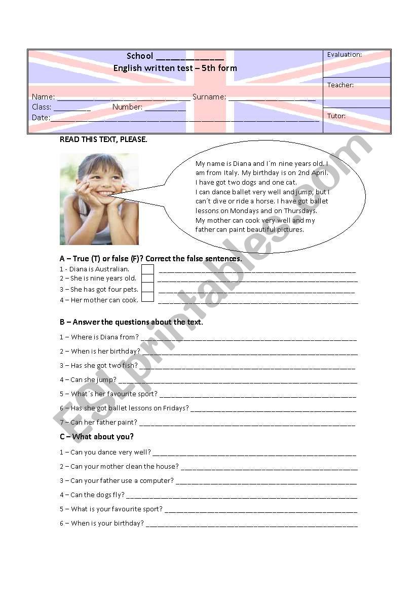 easy test about sports + can worksheet