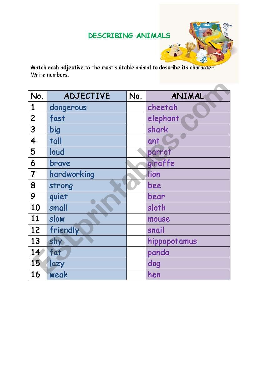 Describing animals worksheet