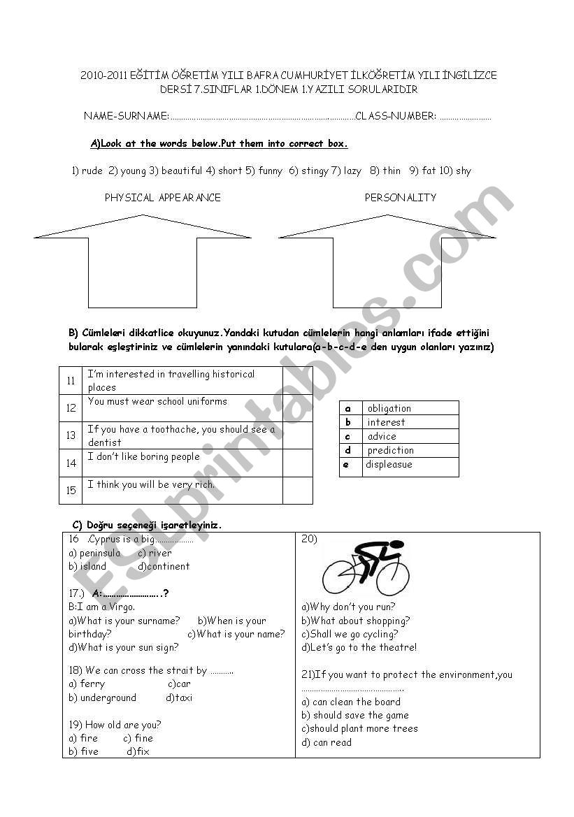 7th grade exam worksheet