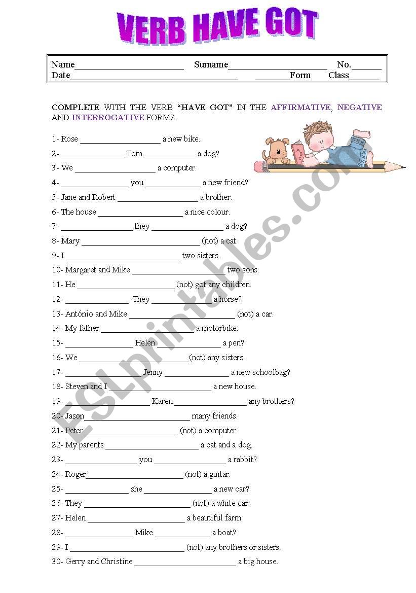 Verb Have Got worksheet